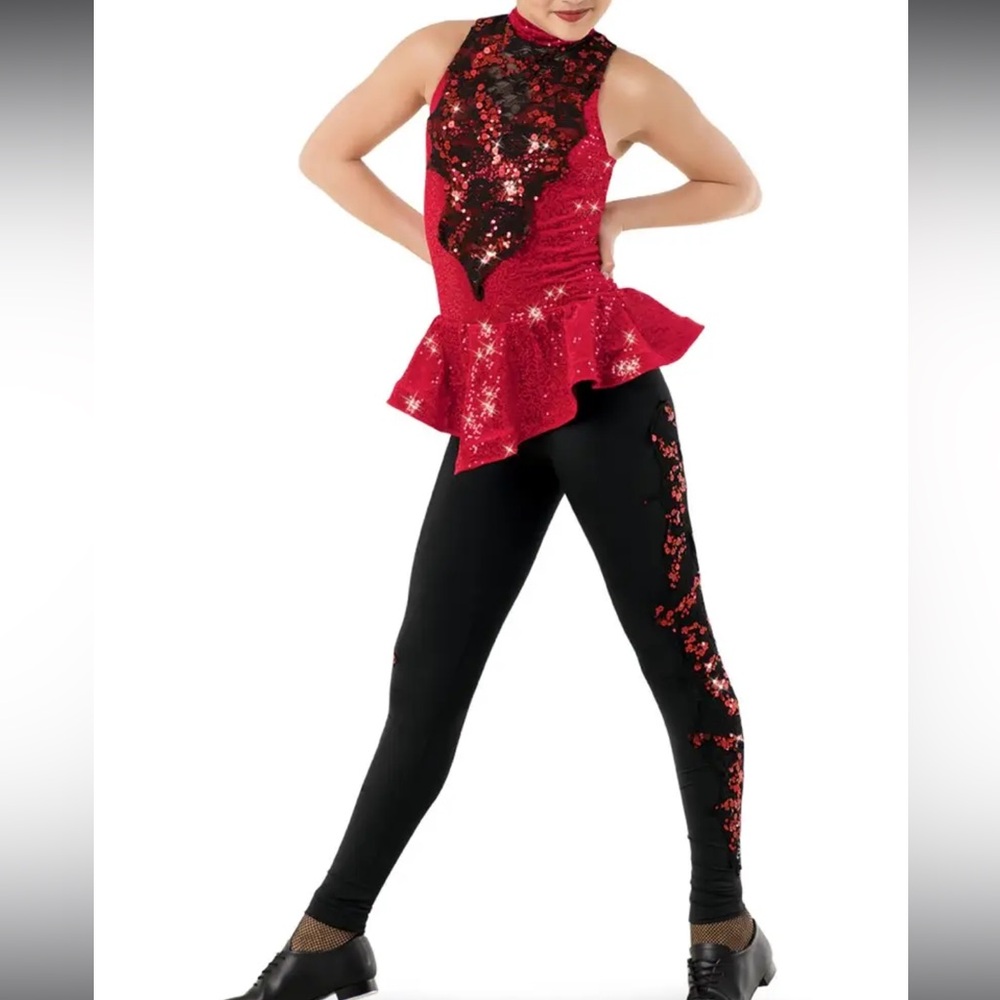 Weissman Red Dance Costume Streak Lace Unitard Style ‘Now That I Know’ Adult S